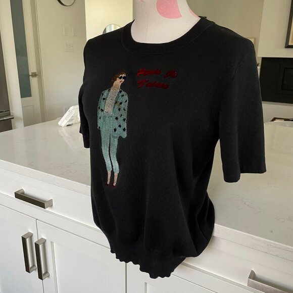 III Viviniko Rare SS Crew Neck Knit Top w Raised Graphics Blk Red Blue Sz M - Picture 3 of 11